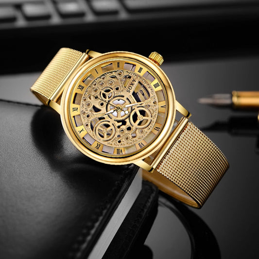 Skeleton Men Watch Women Wrist Watches Fashion Gold Wrist Watch Men Steel Mesh Men's Watch