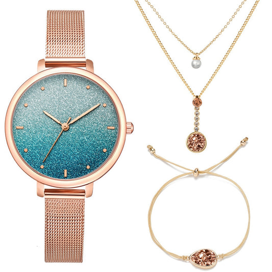 Stardust Watch Women Necklace Bracelet Set Stainless Steel Mesh Starry Sky Quartz