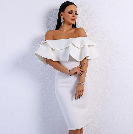 Women Sexy Off Shoulder Slash Neck Ruffles Backless Dresses Female Split Elegant Solid Color Dress