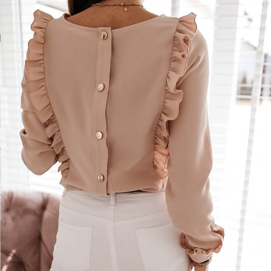 Women Ruffles White Back Buttons